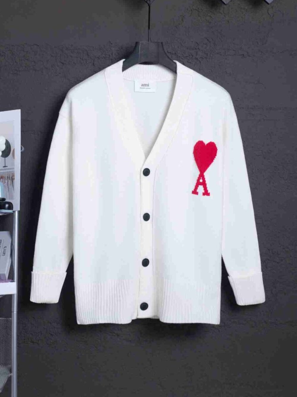 1. AMI De Coeur White Knit Cardigan Red Heart Logo Button‑Front Sweater
